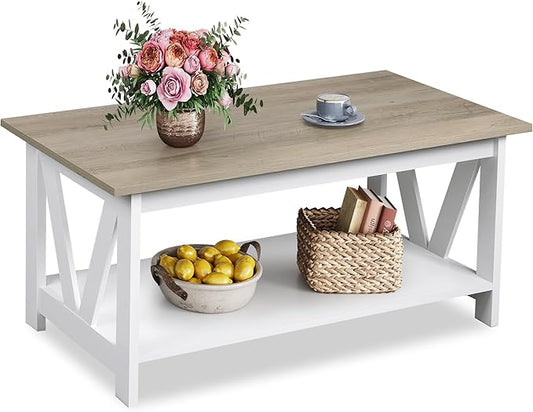 WLIVE Coffee Table for Living Room with Storage Shelf, 39.4" Farmhouse Coffee Table with V-Frame Support, 2-Tier Wood Rustic Center Table for Home Office, Apartment, Greige & White