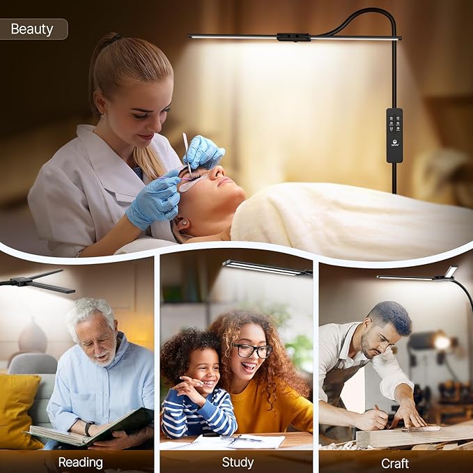 Syrinx LED Floor Lamp, 14W 2000LM Bright Floor Lamp for Office, Gesture & Remote Control, Dual Head Goose-Neck Standing Lamp, Dimmable Brightness & Color Temp, Eye Caring Reading Light for Living Room