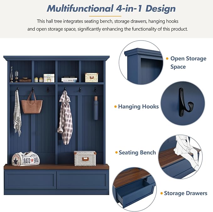 Merax Wood Hall Tree with 6 Hooks & Entryway Bench, Farmhouse Mudroom Versatile Coat Racks with 2 Large Drawers, Entrance Organizer for Hallway, Blue
