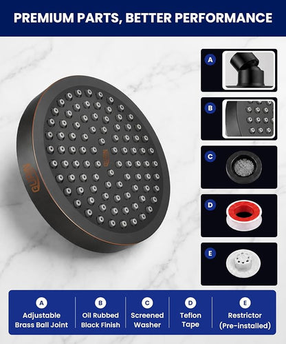 GURIN Shower Head - Powerful High Pressure Rain Shower Head 6 Inch - Luxury Rainfall Showerhead with Adjustable Angles, 90 Anti-Clog Nozzles, Tool-Free 1-Min Install, Premium Oil Rubbed Black Finish