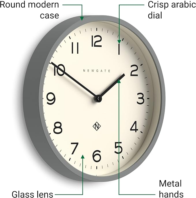 NEWGATE® Number Four Echo wall Clock | Modern Round Clock | 12 inch | Gray | Easy to Read Numbers | Ideal for Kitchen, Living Room or Office