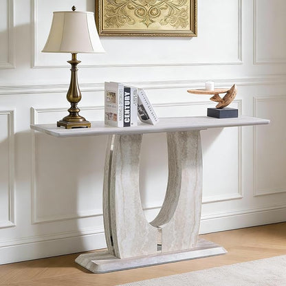 55" Console Table for Entryway, Narrow Sofa Entrance Table with Faux Mars Marble Pattern, Modern Sofa Tables with U-Shaped Base for Living Room, Hallway, Foyer, Home Office, Beige Light