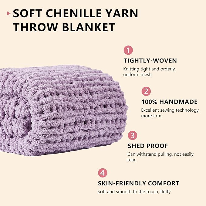 L'AGRATY Chunky Knit Blanket Throw: 72''x84'' Chenille Chunky Knitted Throw Blankets for Bed Couch - Handmade Thick Big Cable Knit Blanket - Large Crochet Rope Blankets for Home Decor(Purple)