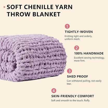 L'AGRATY Chunky Knit Blanket Throw: 72''x84'' Chenille Chunky Knitted Throw Blankets for Bed Couch - Handmade Thick Big Cable Knit Blanket - Large Crochet Rope Blankets for Home Decor(Purple)