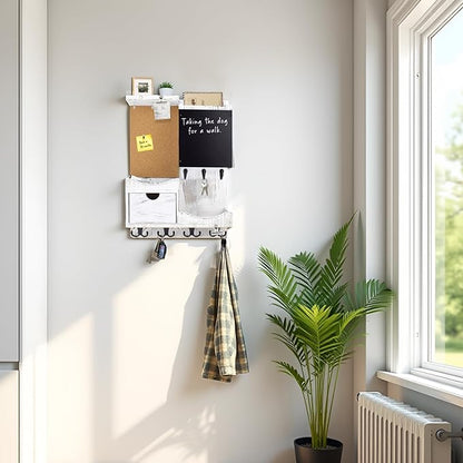 Key Holder Wall Mount， Mail Organizer Key Holder for Wall with Shelf, Drawer, Chalkboard, Corkboard, Home Decor Wall Mounted for Room Entryway(Whitewashed)