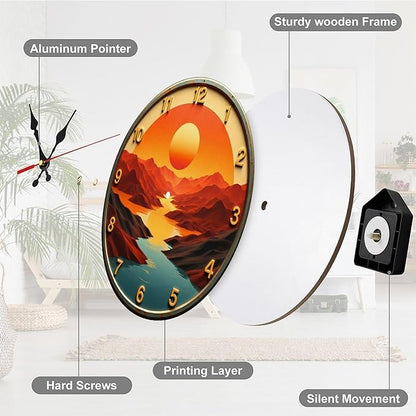 Wall Clock， Sunset Landscape Non Ticking Wall Clocks Battery Operated， Teal Wooden Wall Clocks for Kitchen， Living Room， Bedroom， Office， Bathroom Decorative 25 * 25cm