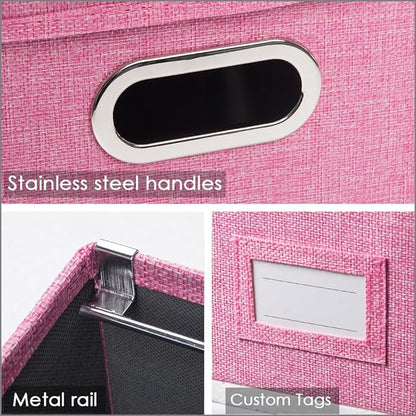 PRANDOM File Organizer Box - Set of 1 Collapsible Decorative Linen Filing Storage Hanging File Folders with Lids Office Cabinet Letter/Legal Pink (17x14x11.2 inch)