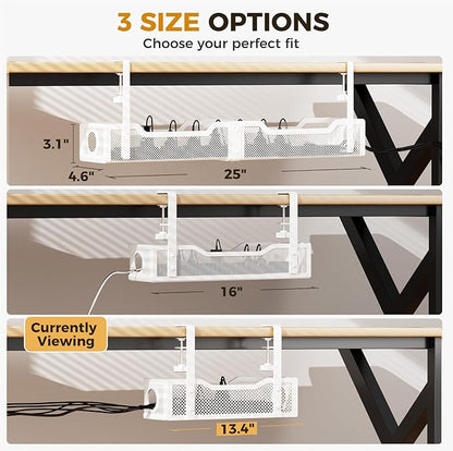 4 Pack Under Desk Cable Management Box White, Cinati 53.6" Wire Organizers No Drill, Cord Organization Tray with Clamp for Office, Home - No Damage to Desk