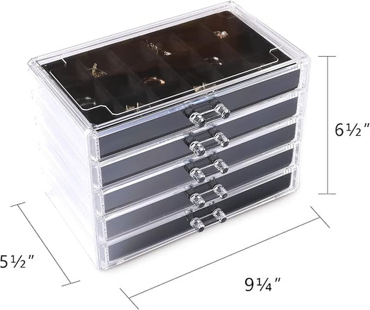 Frebeauty Acrylic Jewelry Organizer Earring Organizer Box with 5 Drawers Earring Holder Organizer with Velvet Trays Clear Jewelry Box for Women Earring Display for Rings Studs(Black)