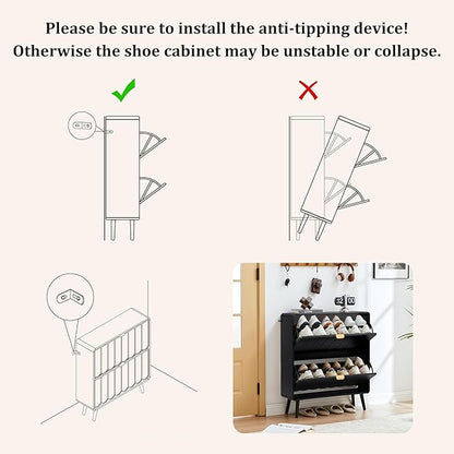 Shoe Storage Cabinet for Entryway with 2 Flip Drawers Set of 2, Freestanding Narrow Wood Shoe Cabinet with Wave Panel, Hidden Shoe Organizer for Foyer, Hallway (Black)