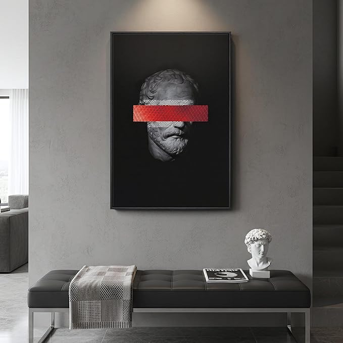 Framed Modern Wall Art, Large Minimalist Canvas Prints Paintings for Walls, Black Grey and Red Contemporary Greco Roman Bust Pictures for Living Room Diningroom Bedroom Hallway Home Decor 24x36 In