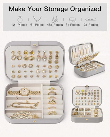 VLANDO Travel Jewelry Case, PU Leather Travel Jewelry Box with Earring Holder, Portable Display Small Jewelry Box for Mothers Day Women Girls Gift - Grey