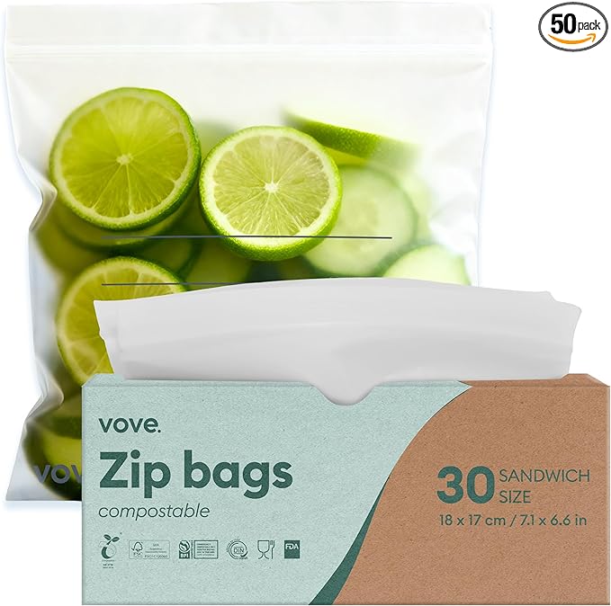 Vove Compostable Sandwich Bags 30 Ct – PFAS-Free, BPI Certified, Freezer Safe with Airtight Seal for School Lunches & Meal Prep, Plant-Based