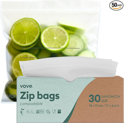Vove Compostable Sandwich Bags 30 Ct – PFAS-Free, BPI Certified, Freezer Safe with Airtight Seal for School Lunches & Meal Prep, Plant-Based
