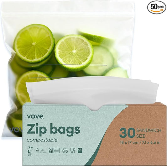 Vove Compostable Sandwich Bags 30 Ct – PFAS-Free, BPI Certified, Freezer Safe with Airtight Seal for School Lunches & Meal Prep, Plant-Based