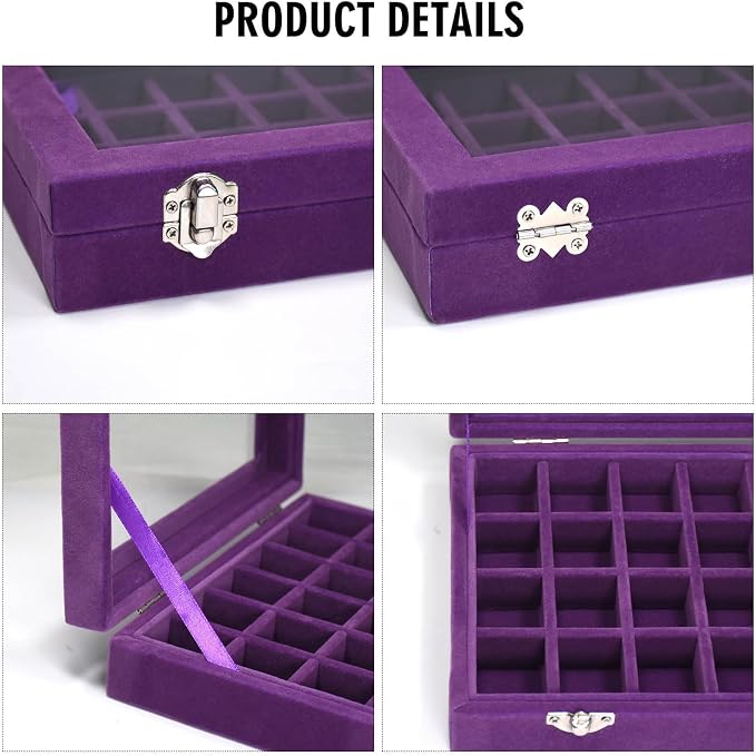 Vicoter Velvet Jewelry Box 24 Grid Jewelry Ring Display Organiser Box Tray Holder Earrings Storage Case for Girls Wife Mom Women (Purple)