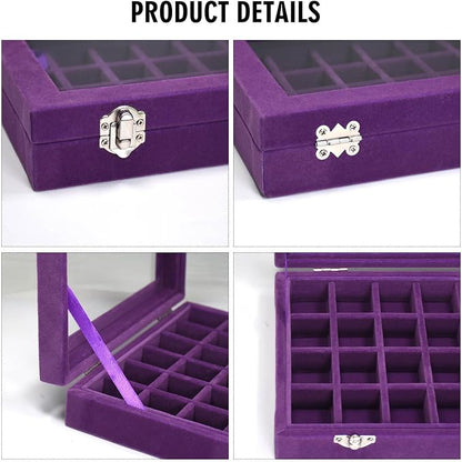 Vicoter Velvet Jewelry Box 24 Grid Jewelry Ring Display Organiser Box Tray Holder Earrings Storage Case for Girls Wife Mom Women (Purple)