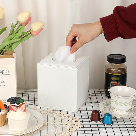 Sumnacon Tissue Box Cover Square Tissue Box Stylish PU Tissue Box Holder with Magnetic Bottom, Cube Leather Tissue Cover for Living Room Bathroom Table Desk Home Office Car,White