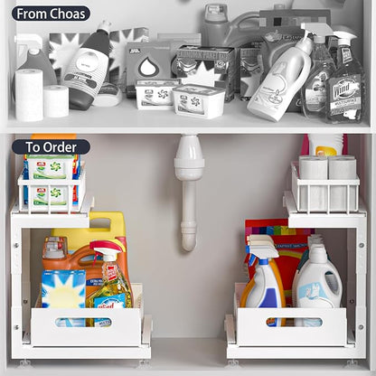 Under Sink Organizer, 2-Tier Premium Metal Pull-Out Racks with Adjustable Height, Heavy Duty Sliding Bin for Bathroom and Kitchen Cabinet Storage, Rust Resistant 2 Pack