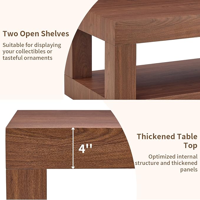 LKTART 39.37" Coffee Table with Storage, 2-Tier Mid Century Rectangular Accent Table with Thick Tabletop, Rustic Style Cocktail, Center Table for Living Room, Office, Apartment (Walnut)