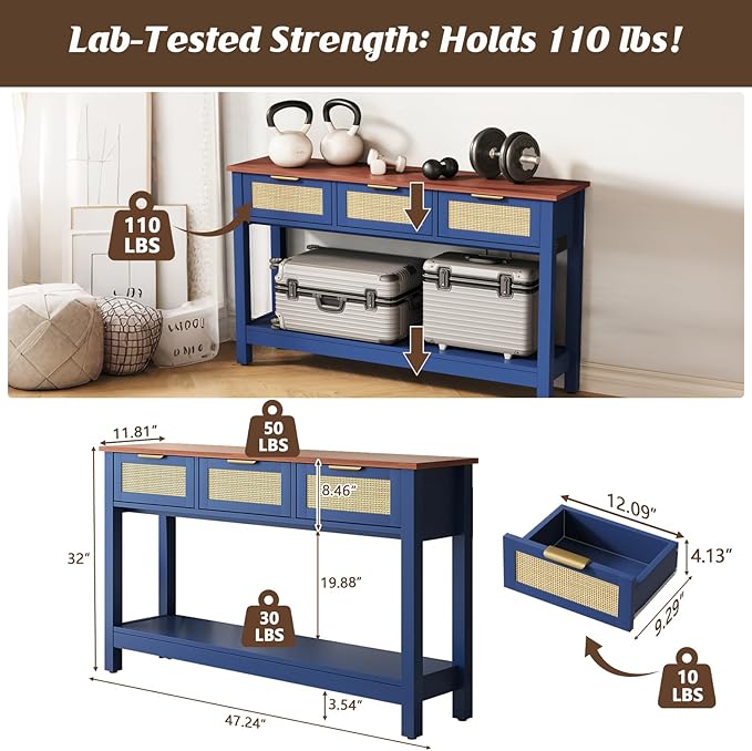 Luoxiao 47" Blue Entryway Table with 3 Rattan Drawers and Open Shelf Storage, Long Sofa Tables for Living Room, Console Entry Table for Hallway, Foyer, Couch, Front Door