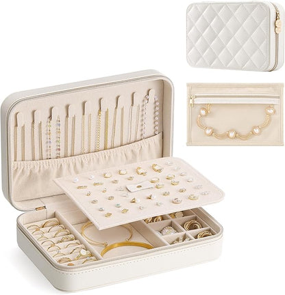 Lolalet Travel Jewelry Case for Women Girls, Travel Jewelry Organizer with Clear Storage Bag Small Portable Jewelry Box for Necklace Bracelet Earring Ring Valentines Bridesmaid Gifts -Large/Beige