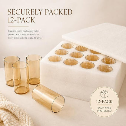 TBWIND 12pcs Gold Amber Glass Cylinder Vases for Centerpieces, 6 Inch Bulk Flower Vases for Wedding Decorations, Hurricane Candle Holder for Floating Candles and Table Home Decor