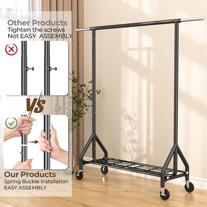 HYSEYY Heavy Duty Clothes Rack Load 450 LBS, Metal Garment Rack, Standing Rolling Clothing Rack for Hanging Clothes with Sturdy Wheels & Shelves, Portable Closet Wardrobe Rack,Black