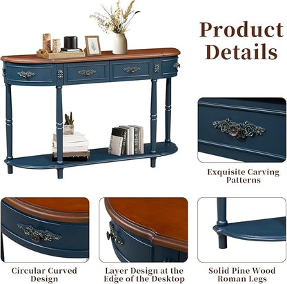 HMFULE Retro Curved Console Table, 52" Half Moon Sofa Entryway With 2 Drawers 1 Open Shelf, Solid Pine Legs for Living Room, Hallway, Navy Blue