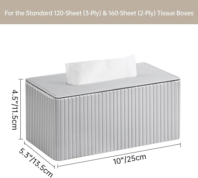 PU Leather Tissue Box Cover for up to 3.9" High Boxes, Rectangle Tissue Box Holder for Bathroom Bedroom Living Room Office (Silver Stripe)