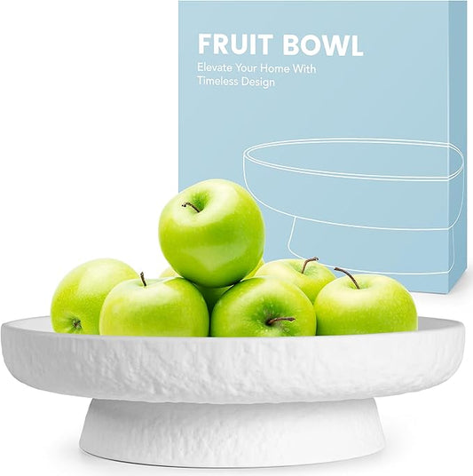 DeNestora Granite Inspired Matte White Fruit Bowl | Wide, Shallow Textured Pedestal Bowl | 11 Inch Unique Centerpiece for Table or Decor for Entryway Table