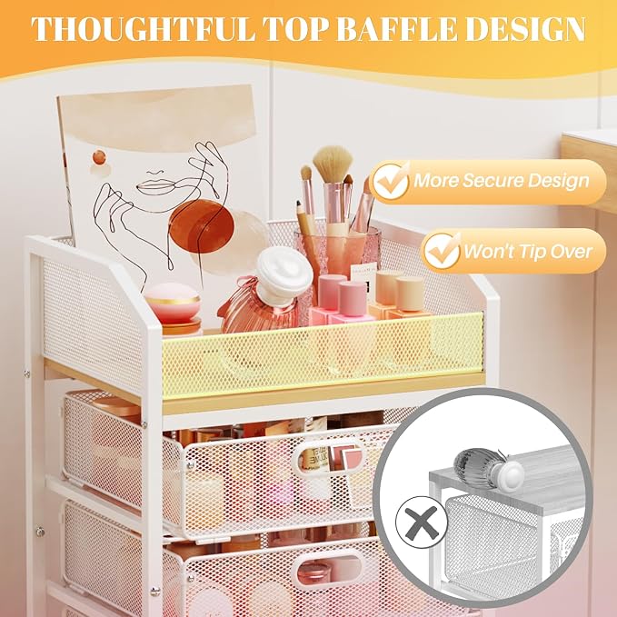 SUNALLY Makeup Organizer Cart with 4 Drawers, Rolling Makeup Storage Cart Metal Skincare Organizers, Large Vanity Storage Organizer Cosmetics Display Cases for Skin Care Perfume Nail Polish, White