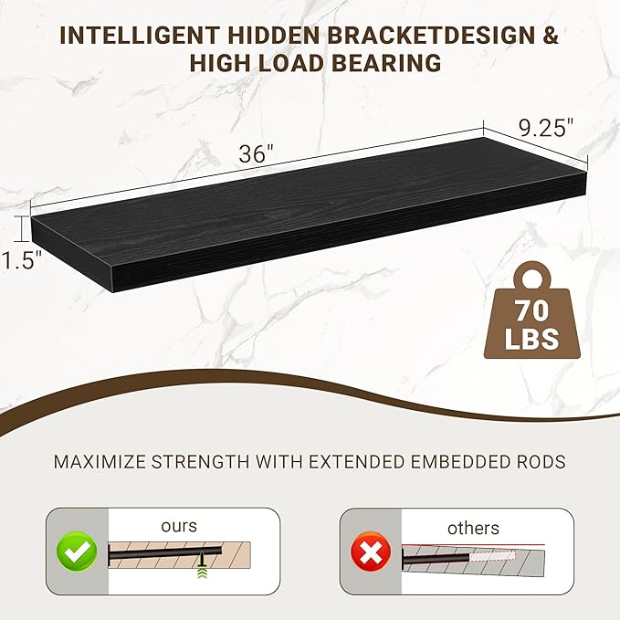 Acovy 36 Inch Floating Shelves, 36"x9.25"x1.5" Inch Deep Floating Shelves for Wall, Wooden Shelves for Bathroom, Bedroom, Living Room, Black, 2 Pieces