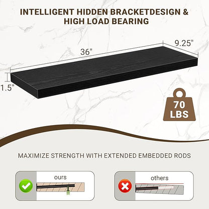 Acovy 36 Inch Floating Shelves, 36"x9.25"x1.5" Inch Deep Floating Shelves for Wall, Wooden Shelves for Bathroom, Bedroom, Living Room, Black, 2 Pieces