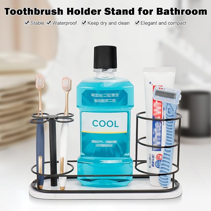 Toothbrush Holder Stand for Bathroom, Metal Toothbrush Organizer with Marble Base, Toothbrush Storage Collection for Family, Suitable for Home Hotel Countertop Vanity (Large, Matte Black)