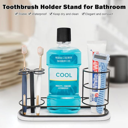 Toothbrush Holder Stand for Bathroom, Metal Toothbrush Organizer with Marble Base, Toothbrush Storage Collection for Family, Suitable for Home Hotel Countertop Vanity (Large, Matte Black)