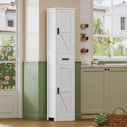TEENFON 67 Tall Bathroom Cabinet with 6 Shelves & 1 Drawer, Narrow Storage Cabinet with Adjustable Shelves, Silm Cabinet for Living Room, Kitchen, White