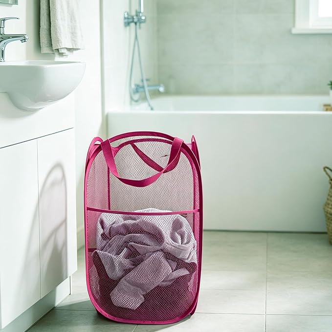 Larpur Popup Laundry Basket, Collapsible Portable Mesh Clothes Washing Laundry Hamper with Reinforced Carry Handles (Pink)