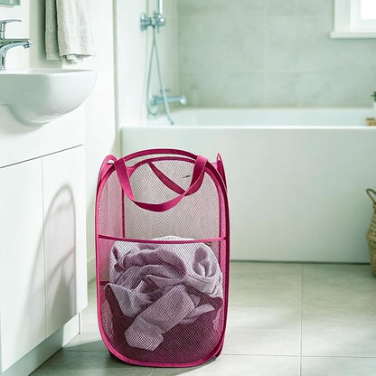 Larpur Popup Laundry Basket, Collapsible Portable Mesh Clothes Washing Laundry Hamper with Reinforced Carry Handles (Pink)