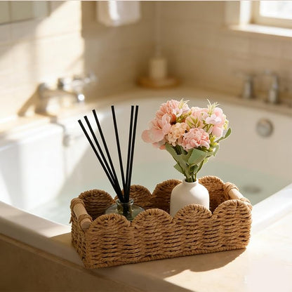 Paper Rope Storage Basket Set of 2 with Wooden Handles - Scalloped Toilet Paper Organizer, Cute & Functional Home Decor for Bathroom or Living Room (Beige)
