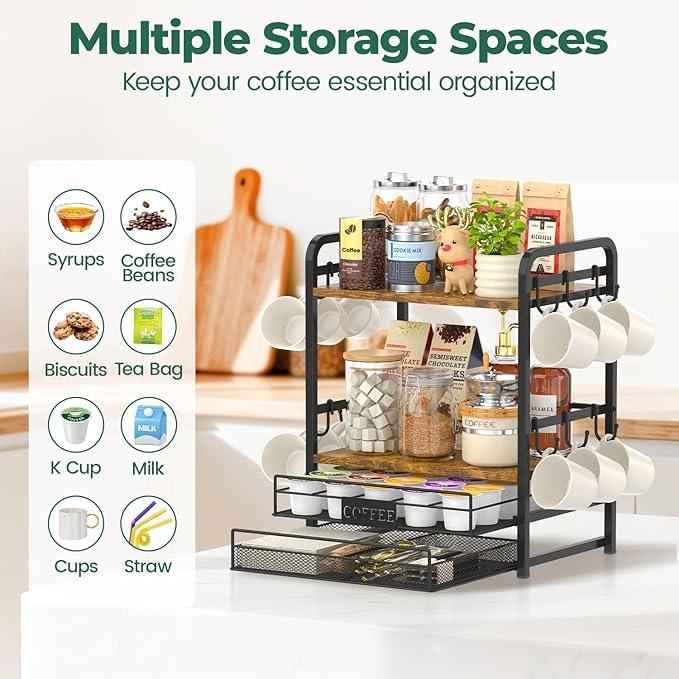 EsLuker.ly Coffee Bar Organizer Station Shelf Mug Holder for Countertop, 4 Tier Mug Holder Stand with 12 Hooks, K Cup Pod Drawer