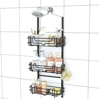 SWTYMIKI Shower Caddy Hanging Organizer - 3-Tier Rustproof Shower Organizer Over Showerhead with Adjustable Baskets, 24 Hooks, Soap & Razor Holder - No Drill Large Bathroom Storage Rack, Black