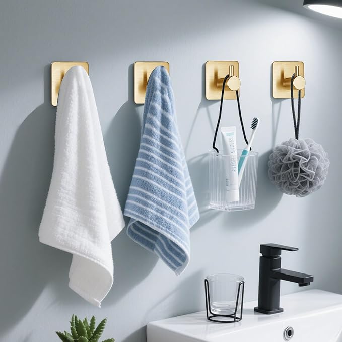 Gold Adhesive Towel Hooks Heavy Duty Stick on Wall Hooks Shower Hooks for Bathroom Kitchen Door-4 Packs