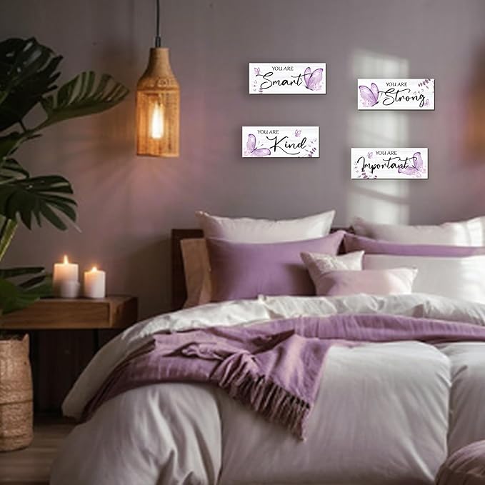 DONFENTHY 4 Pcs Butterfly Wall Decor Purple Room Decor Wooden Positive Butterfly Inspirational Word Sign for Teen Girls Women Bathroom Bedroom Office(Purple,10x4 Inch)