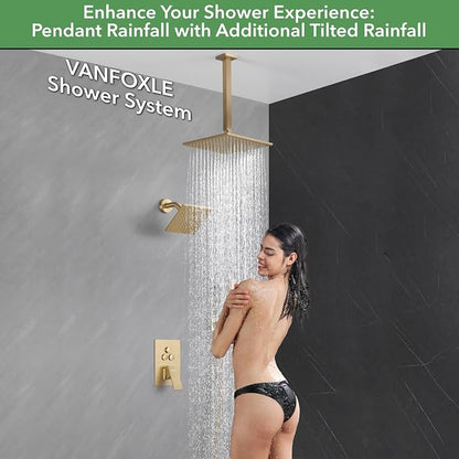VANFOXLE Shower Faucet Set Brushed Gold Shower System, Push Button Diverter Shower Faucet with Trim Kit, Ceiling Mount 10 Inch Shower Head Increased Thick, 6 Inch Side Shower Head, 2-in-1 Handheld