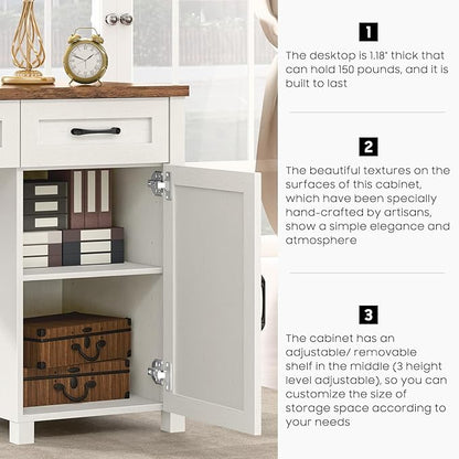 Farmhouse 61'' Executive Desk with 5 Drawers, Rustic Office Desk Computer Desk with Charging Station, File Drawers and Storage Cabinet, Wood Workstation for Home Office and Study, Unique White