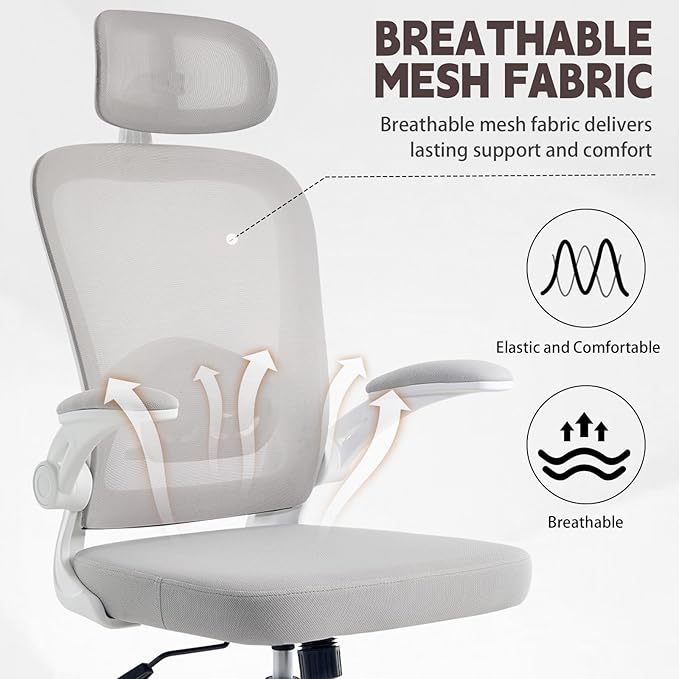 Ergonomic Office Chair with 3D Adjustable Lumbar Support, Mesh High Back, 75° Rotating Headrest, Rocking Function, 300lbs Capacity, Black/White (White)