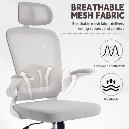 Ergonomic Office Chair with 3D Adjustable Lumbar Support, Mesh High Back, 75° Rotating Headrest, Rocking Function, 300lbs Capacity, Black/White (White)