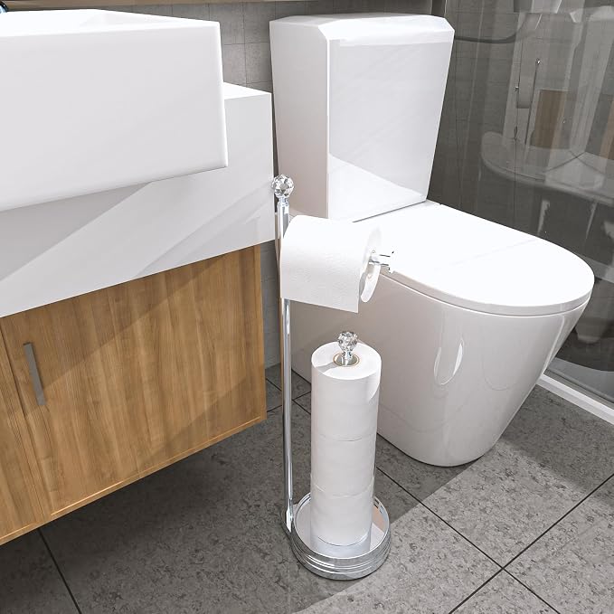 KASUNTO Toilet Paper Holder for Bathroom, Heavy Weighted Metal Free Standing Toilet Paper Holder Stand with Crystal Ball, Toilet Paper Roll Stand for Bathroom Accessories