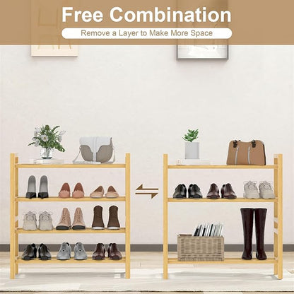 Haddockway Bamboo Shoe Rack for Closet, Free Standing Shoe Organizer with Smooth Round Rods & Convenient Handles, Stackable Shoe Storage Shelf for Entryway, Hallway(Natural, 4-Tier(Small))